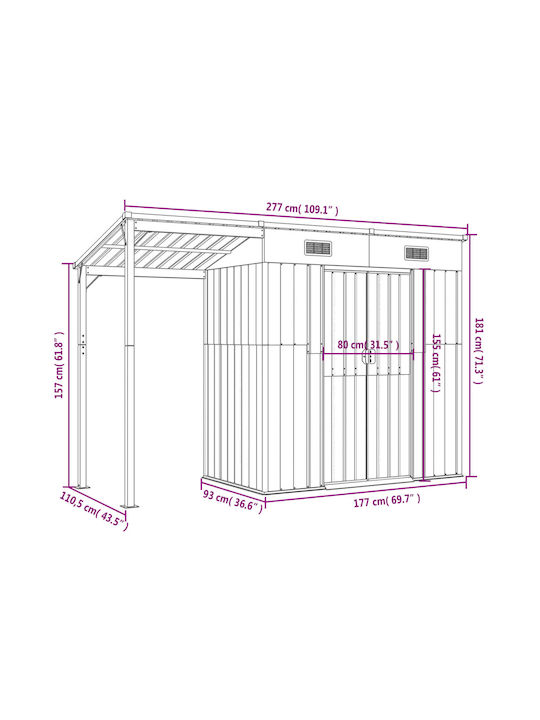 Metallische Gartenhaus Gummierte mit Lüftungsschlitzen M2.77xB1.105xH1.81m