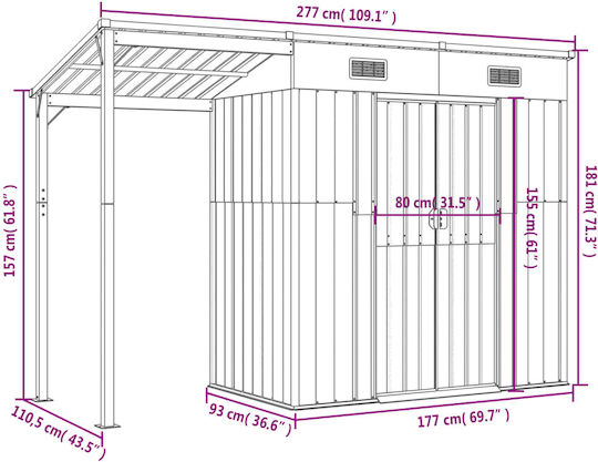 Depozit Metalic De Grădină Galvanizat Rezistent La Vânt L2.77xL1.105xÎ1.81m