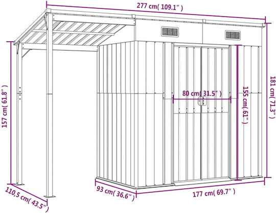 Metallische Gartenhaus Gaalvanisiert Grüne mit Lüftungsschlitzen M2.77xB1.105xH1.81m
