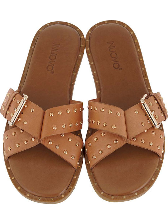Leather Women's Flat Sandals in Tabac Brown Color