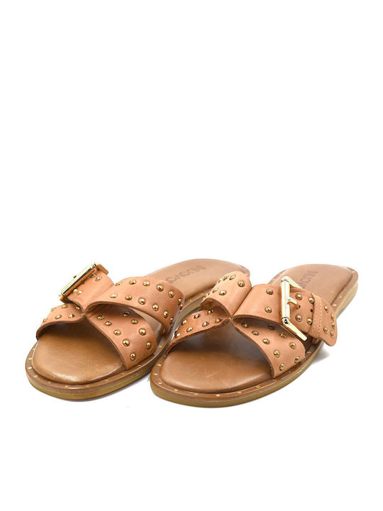 Leather Women's Flat Sandals in Tabac Brown Color