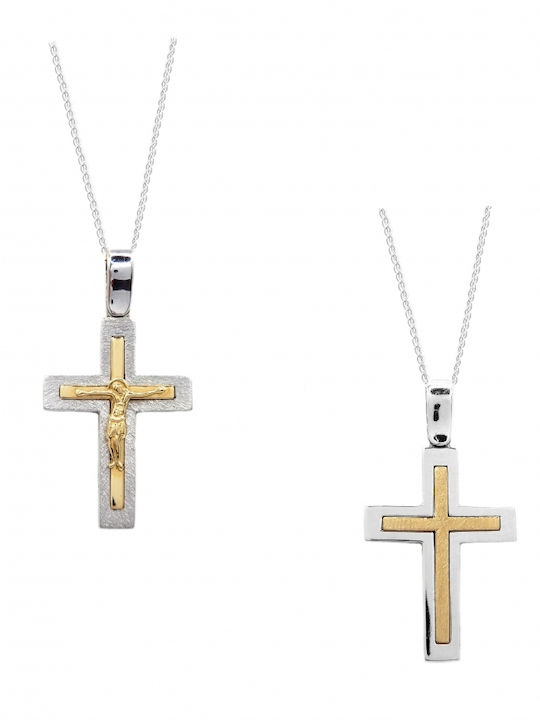Polytimo Men's White Gold Cross 14K Double Sided with the Crucified with Chain