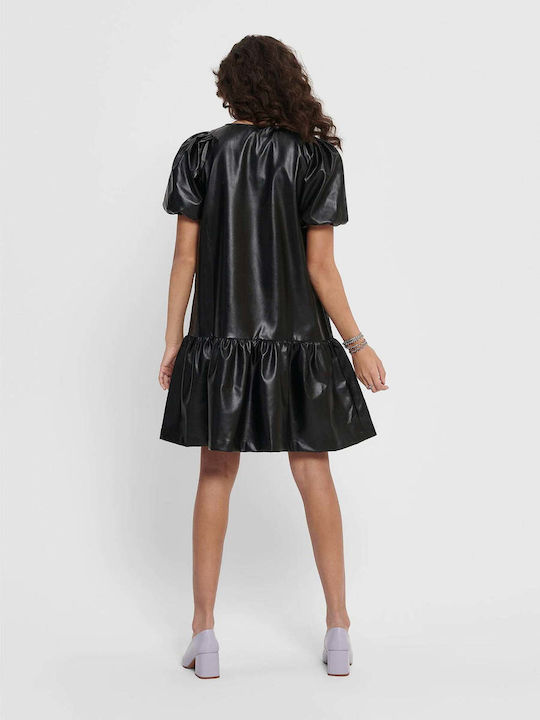 Only Mini Dress Leather with Ruffle Black