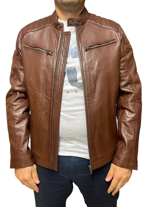 MARKOS LEATHER Ανδρικό Δερμάτινο Χειμωνιάτικο Μπουφάν Biker Καφέ