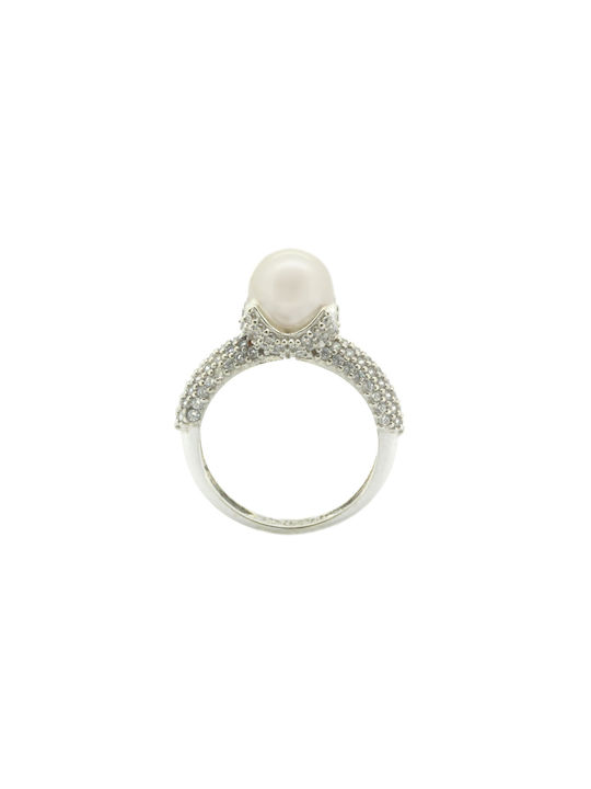 14K White Gold Bread Ring with Pearl and Zircon with Pearl MΔ0026