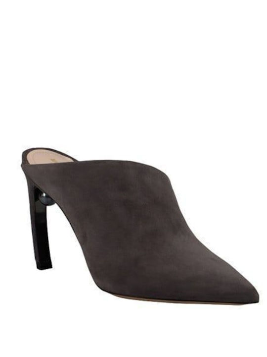 Suede Mules με Λεπτό Ψηλό Τακούνι σε Γκρι Χρώμα