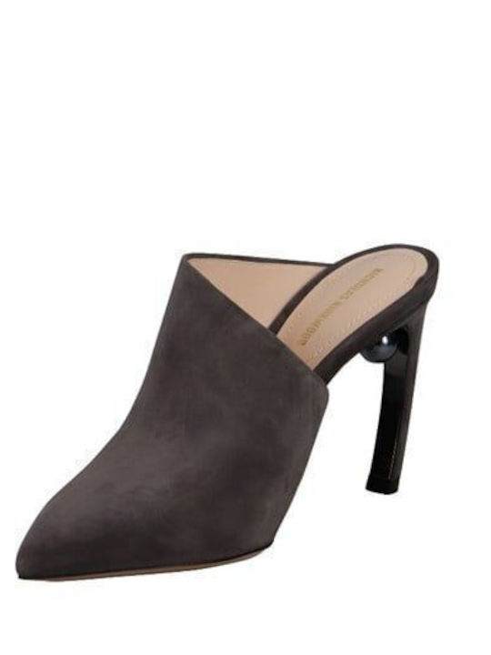 Suede Mules με Λεπτό Ψηλό Τακούνι σε Γκρι Χρώμα