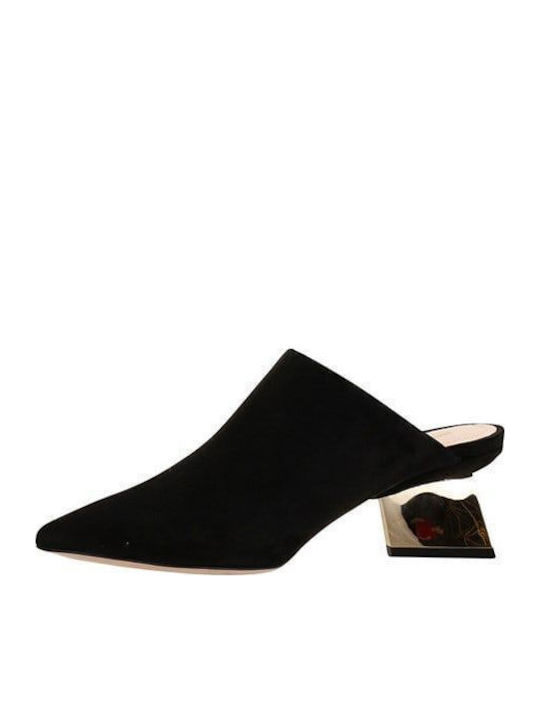 Suede Mules with Chunky Low Heel in Black Color