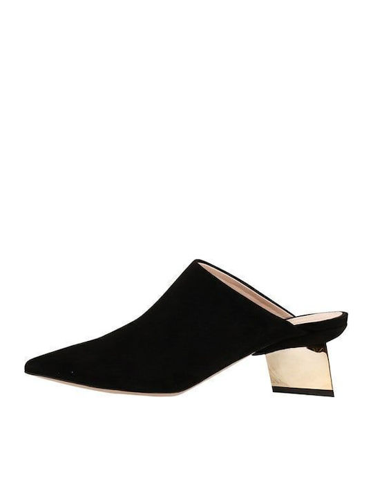 Suede Mules with Chunky Low Heel in Black Color
