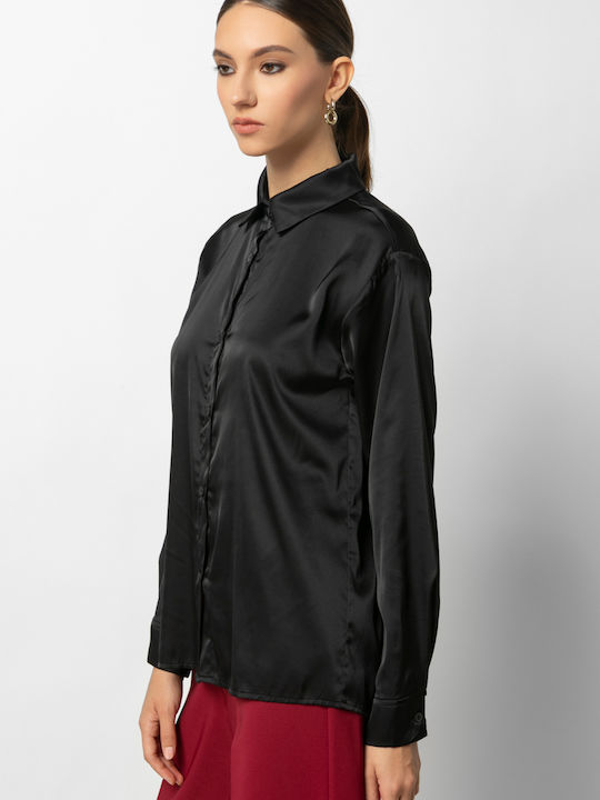 Long Sleeve Women's Satin Shirt Black