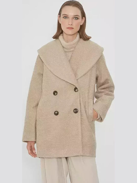 Μπουκλέ Γυναικείο Μπεζ Παλτό Oversized με Κουμπιά