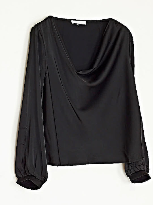 Damen Bluse Satin Langärmelig Drapierung Schwarz
