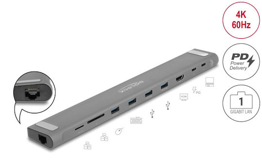 DeLock USB-C Stație de andocare cu HDMI 4K PD Ethernet Gri (87895)