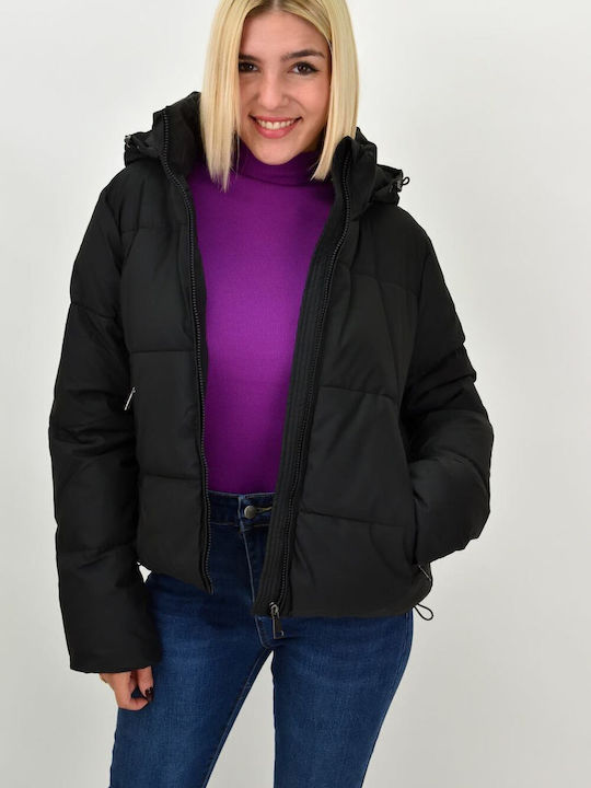 Potre Women's Short Puffer Jacket for Winter with Detachable Hood Black