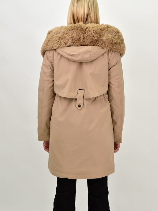 Women's Short Puffer Jacket for Winter with Hood Beige