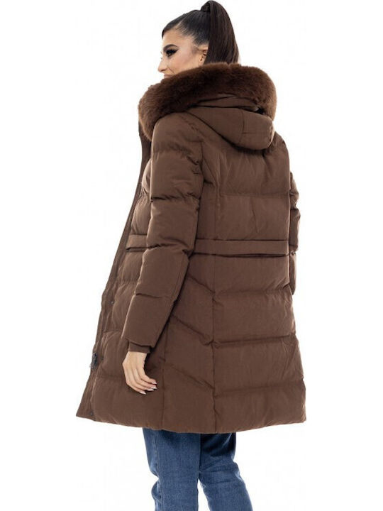 Women's Long Puffer Jacket for Winter with Hood Brown
