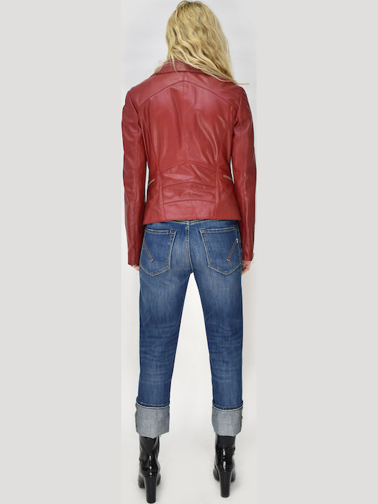Women's Short Biker Leather Jacket for Winter Red