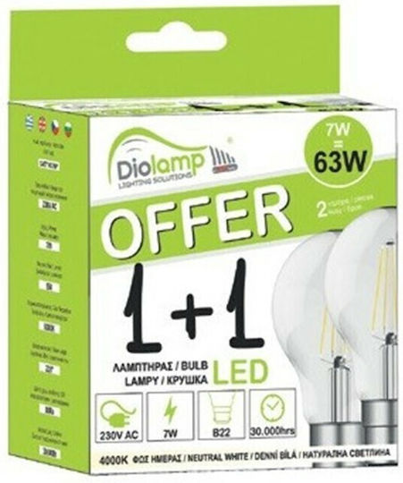 Diolamp LED Bulbs 7W 108mm for Socket B22 and Shape A60 Natural White 620lm 2pcs