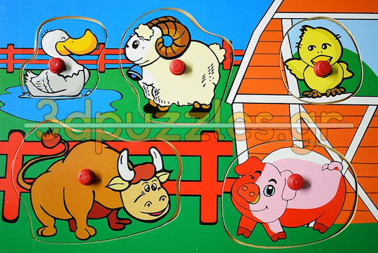 Ξύλινο Παιδικό Puzzle Σφηνώματα Ξύλινο Puzzle Ζωάκια Φάρμας 5pcs Anelixi