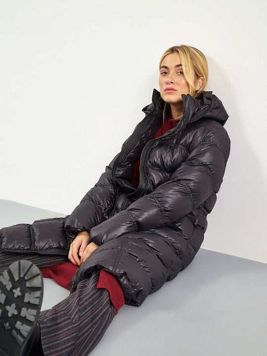 Attrattivo Lang Damen Puffer Jacke für Winter Schwarz