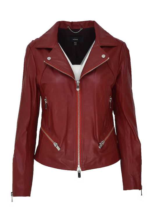 Women's Short Biker Leather Jacket for Winter Red