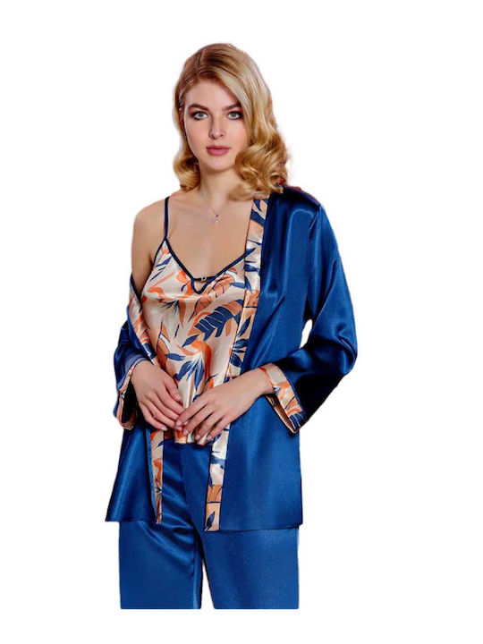 FMS Winter Women's Satin Robe with Pyjama Blue