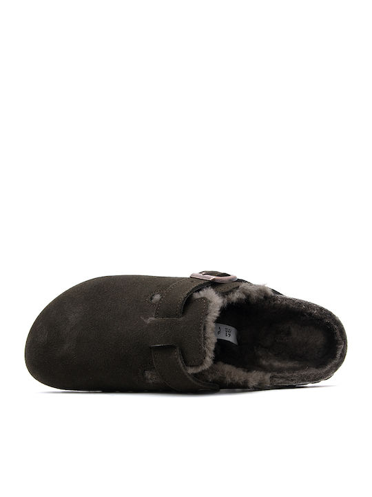 Boston Suede Shearling Χειμερινές Γυναικείες Παντόφλες με Γούνα Mocca Narrow Fit