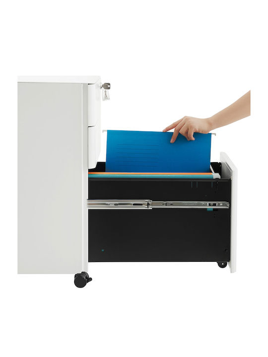Office Storage Metal Drawer with Wheels, Lock & 3 Drawers White L46xW30xH59.2cm