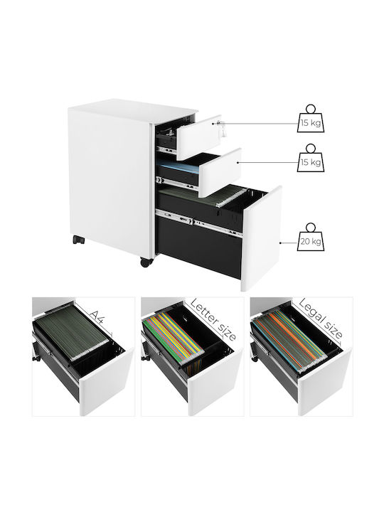 Office Storage Metal Drawer with Wheels, Lock & 3 Drawers White L46xW30xH59.2cm