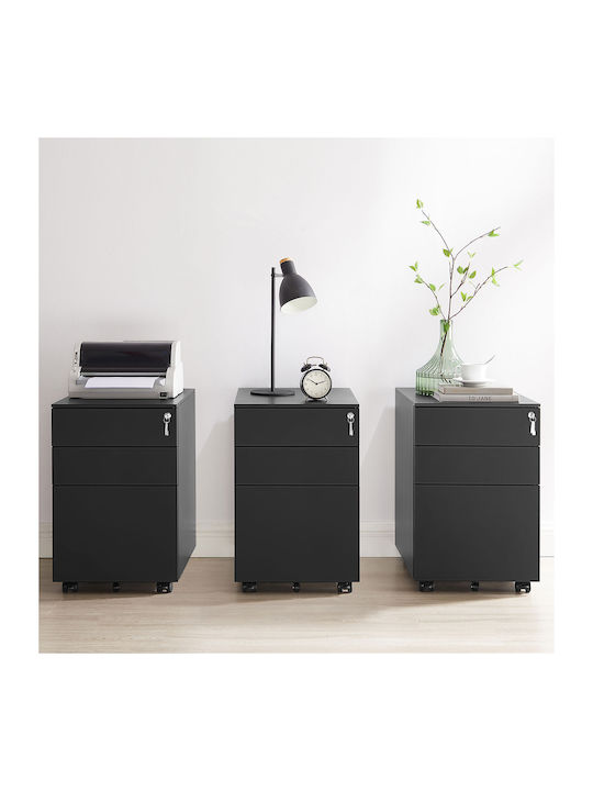 Sertar de Birou Metalică cu Roți, Cheie & 3 Sertare Negru 52x39x60cm