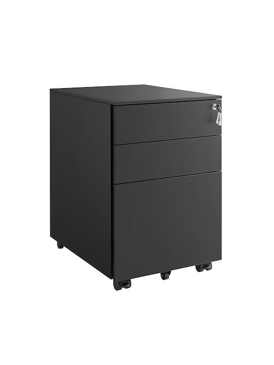 Sertar de Birou Metalică cu Roți, Cheie & 3 Sertare Negru 52x39x60cm