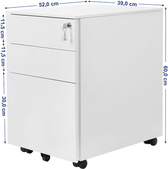 Metallische Büro-Schubladenschublade mit Rädern & Schloss Weiß 52x39x60cm