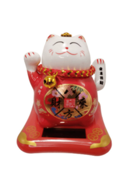 Maneki Neko Cat on Solar Base for Good Luck, Abundance, Money, Ceramic, Waving Hand (Y8.5-base 7x7cm, white/red, F9930503A)