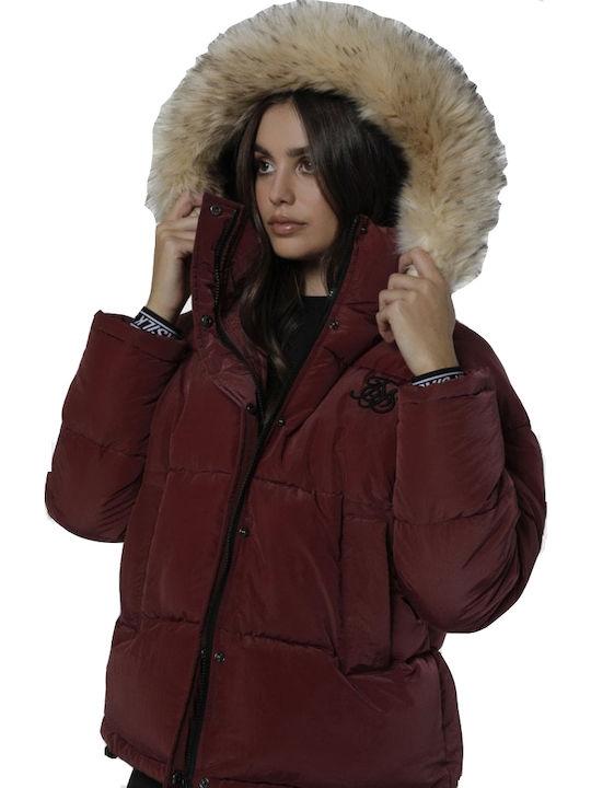 Kurz Damen Puffer Jacke für Winter Burgundy