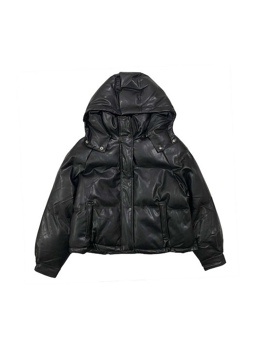 Ustyle Women's Short Lifestyle Leather Jacket Waterproof for Winter with Hood Black.