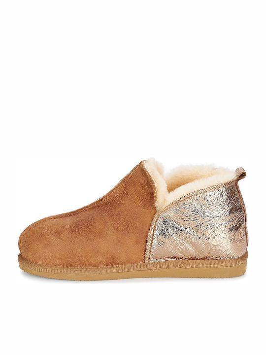 Leather Winter Women's Slippers Brown
