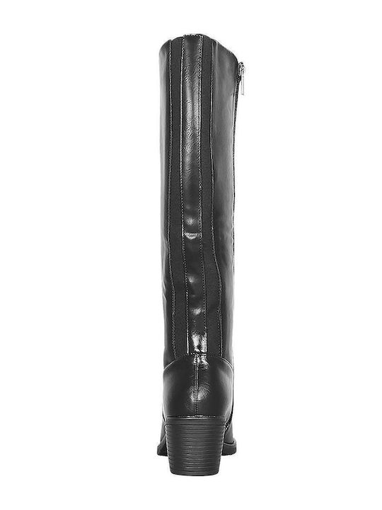 Leather Medium Heel Riding Boots with Rubber / Zipper Black