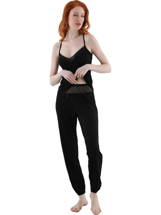 Sevim Winter Damen Pyjama-Set Satin,σατεν Schwarz