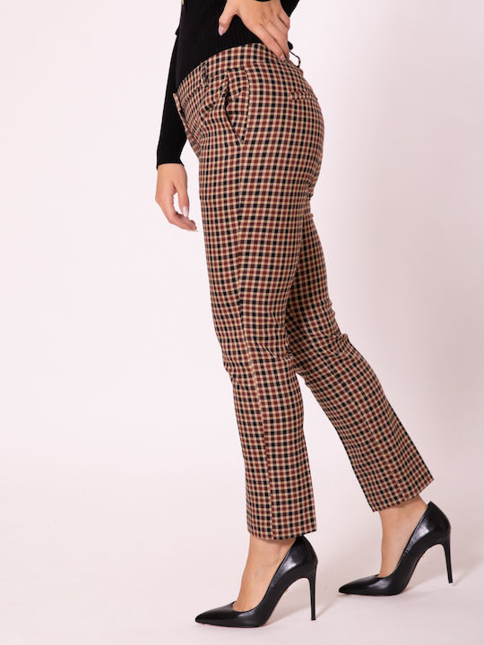 Women's Fabric Trousers Checked Beige
