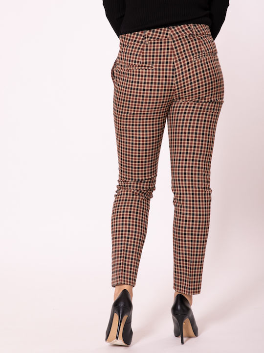Women's Fabric Trousers Checked Beige