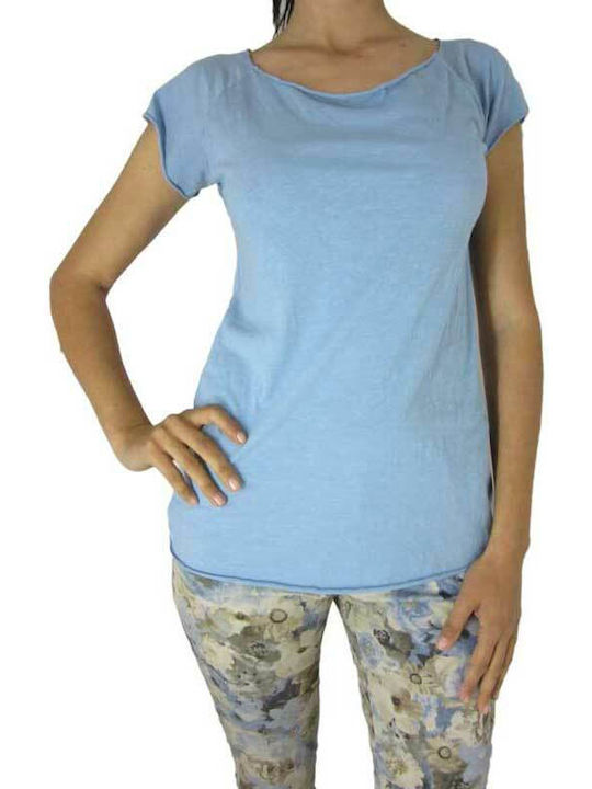 Perfect Women's Blouse Cotton Short Sleeve with Boat Neckline blue