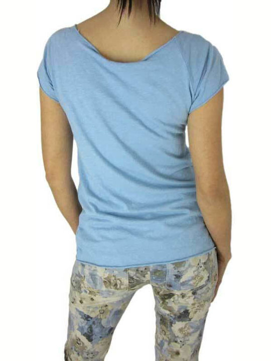 Women's Blouse Cotton Short Sleeve with Boat Neckline Light Blue