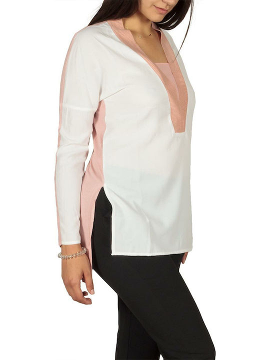 Ryujee Paris Women's Blouse Long Sleeve with V Neckline Half-white-pink