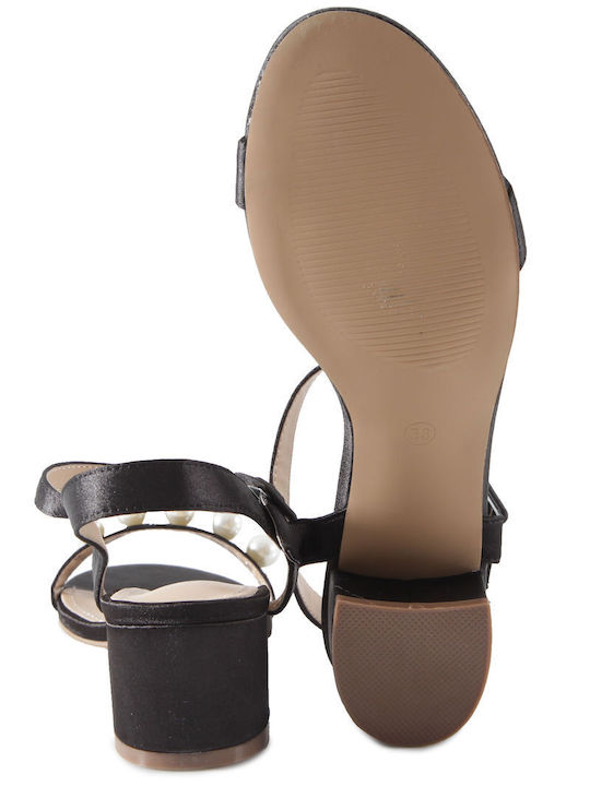 Feng Shoe Fabric Women's Sandals Black with Medium Heel