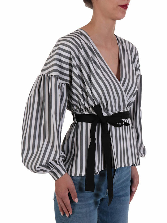 Relish Long Sleeve Women's Blouse with V Neckline Striped Gray