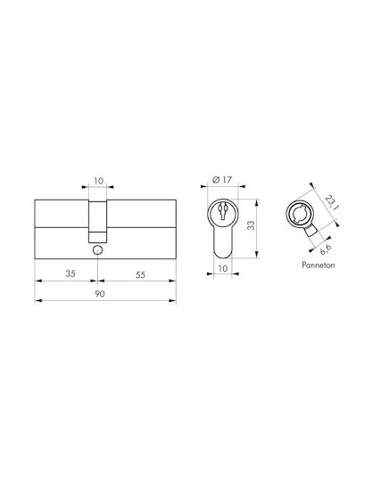 Thirard Lock Cylinder Security 90mm (35-55) with 3 Keys Silver