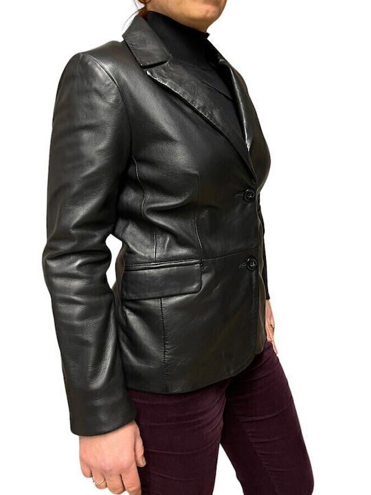 MARKOS LEATHER Γυναικείο Δερμάτινο Σακάκι Μαύρο