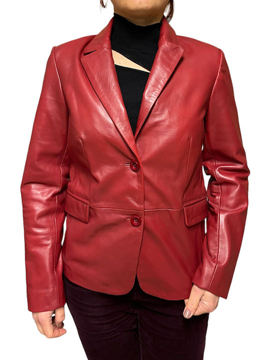 MARKOS LEATHER Γυναικείο Δερμάτινο Σακάκι Κόκκινο