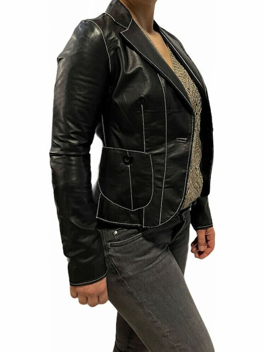MARKOS LEATHER Kurz Damen Leder Mittellang Blazer Schwarz