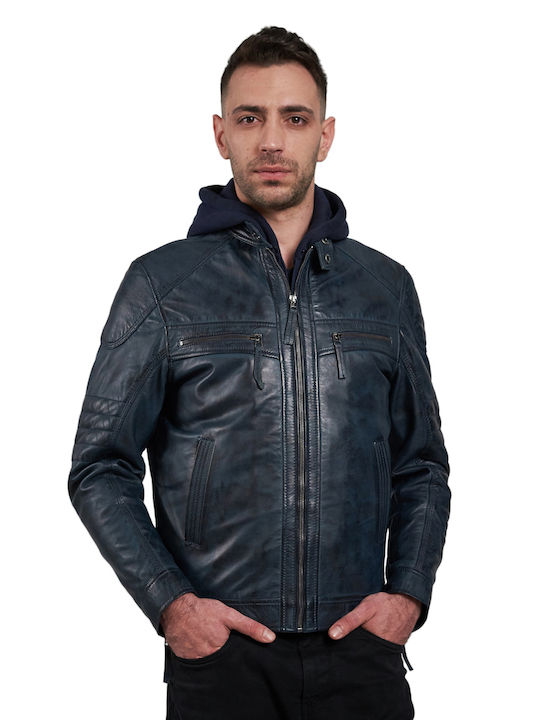 Leatherland Men's Leather Biker Jacket Navy Blue